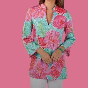 Lilly Pulitzer Ciara Tunic Top Blue Bellini Floral Tropical Leaf Print Sz XS